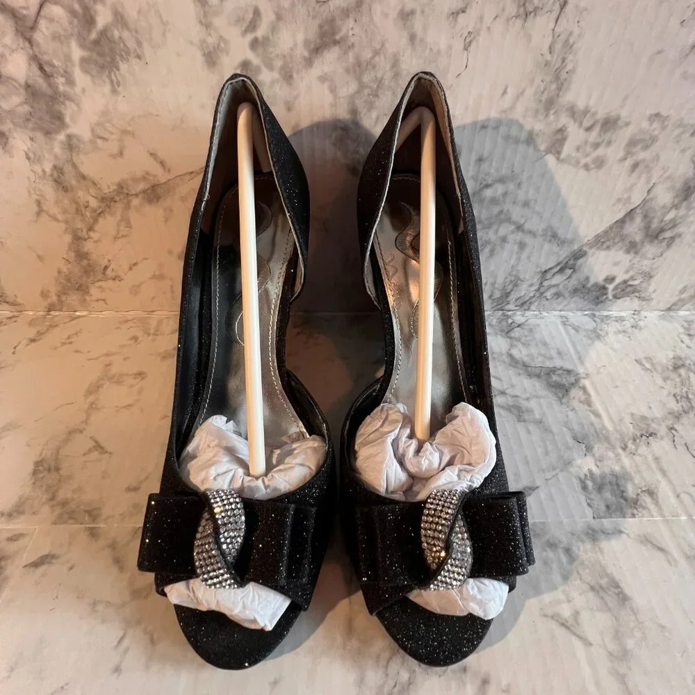 Nina Veleria Wedges Size 7 Black Glitterati‎ Rhinestone Detail Open Toe …